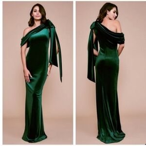 Tadashi Shoji Alvar Bow Shoulder Eucalyptus Green Velvet Gown Size L Normcore